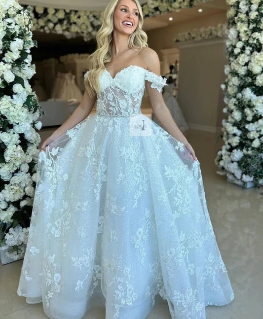 Wedding Dresses Off The Shoulder A Line Lace Bridal Dress Sweetheart Appliques Sparkly Tulle Wedding Gown 2024