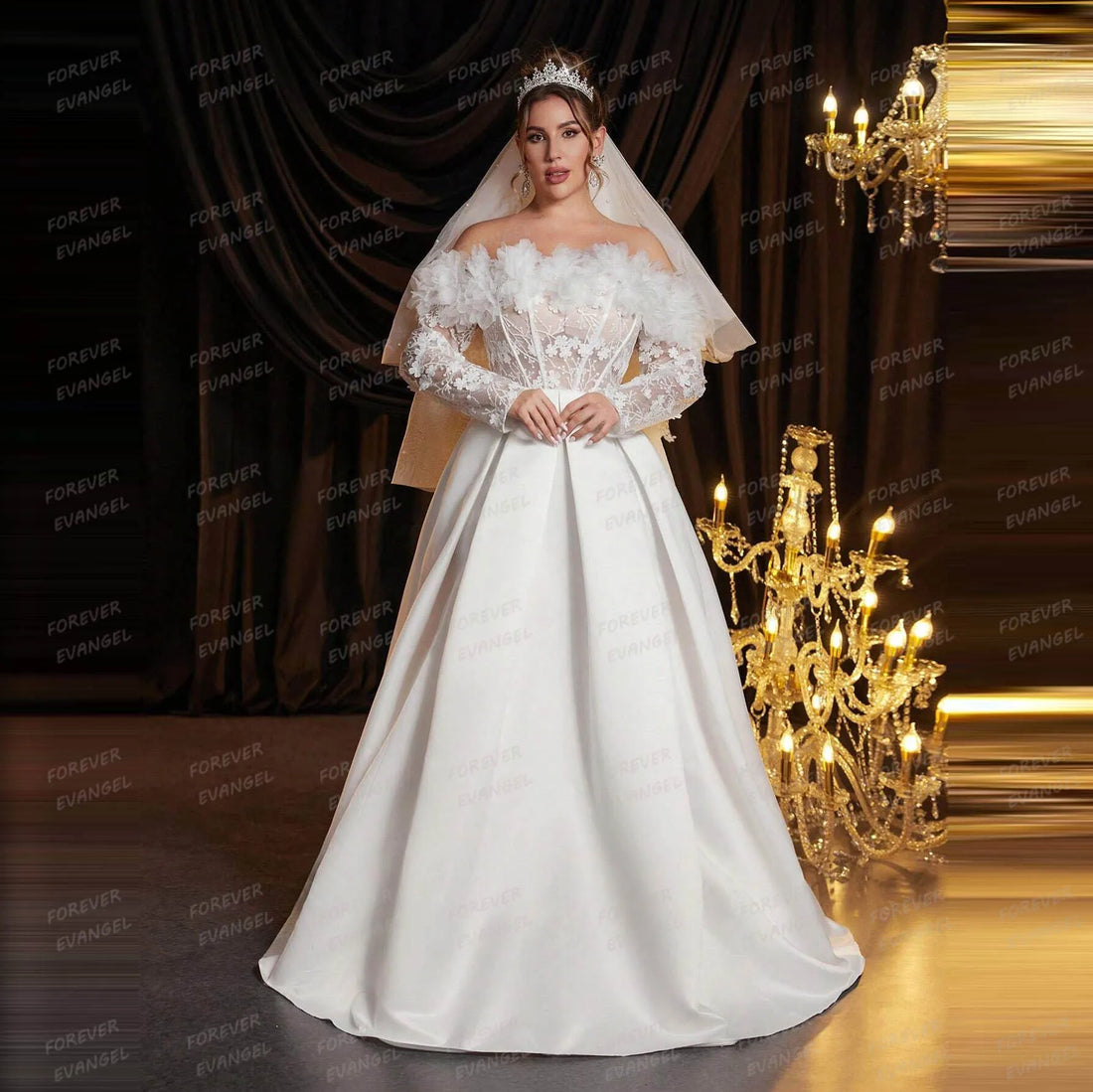 Luxury Wedding Dresses A Line Woman's Appliques Off Shoulder Bride Gowns Lace Long Sleeve Satin Vestidos De Novia Customized