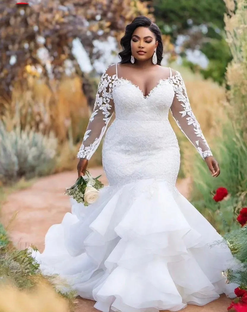 African plus size sheer neck long sleeves lace tiered ruffles mermaid bridal gown wedding dress – Pollyanna Events