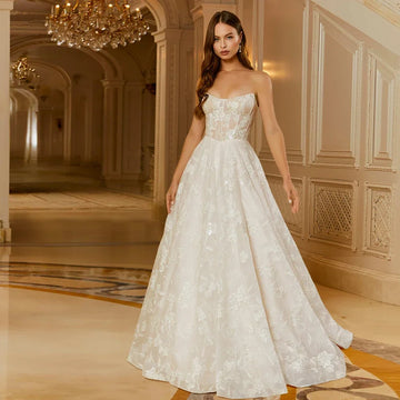 Customized Graceful Illusion A-Line Strapless Wedding Dresses Applique Floral Lace Up Bridal Growns Sweep Sleeveless Vestidos