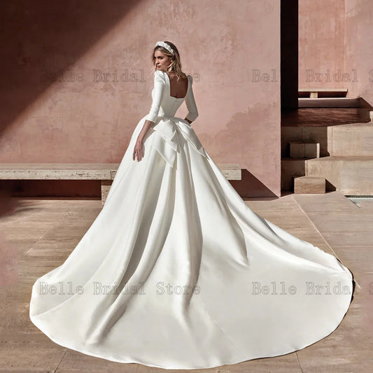 Princess A-Line Wedding Dresses Square Neck 3/4 Sleeve Elegant Bridal Gowns Bow Back Button Floor Length Satin Vestidos De Novia