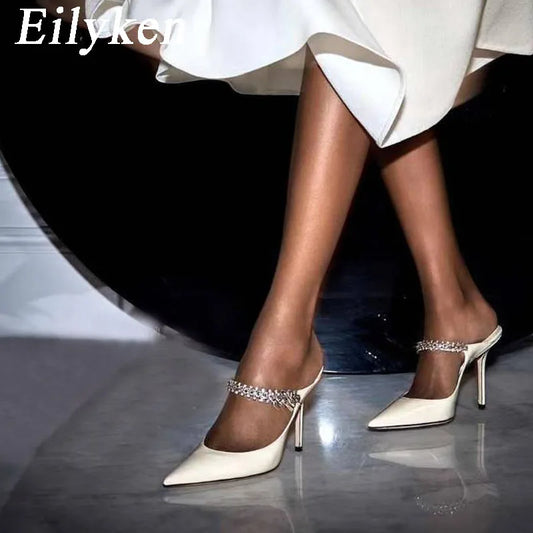Eilyken CRYSTAL CHAIN Pointed Toe Women Pumps Sexy High Heels Mules Slippers Wedding Party Prom Female Shoes Large Size 42