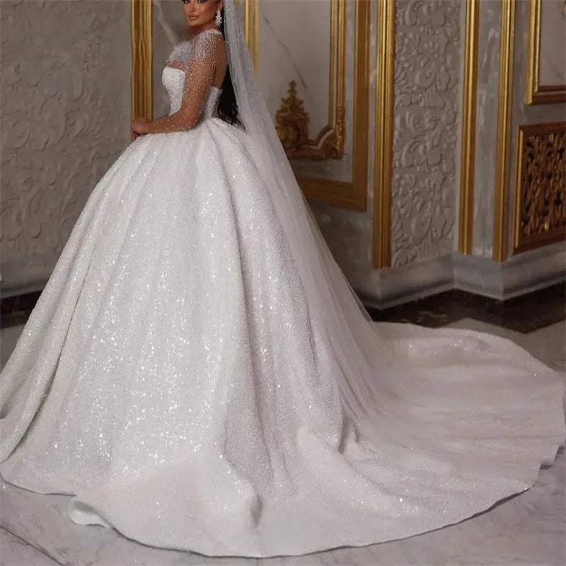 Customized Sparkle African Wedding Dresses Luxury Ball Gown Glitter Beads Sequin Long Sleeves Sexy Dubai Bride Bridal Gown 2025
