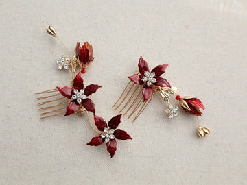 Wedding Accessories Red Flower Hair Pin Clip Crystal Rhinestones Hairpins Brides Party Evening Dress Head pieces Bridal Jewelry
