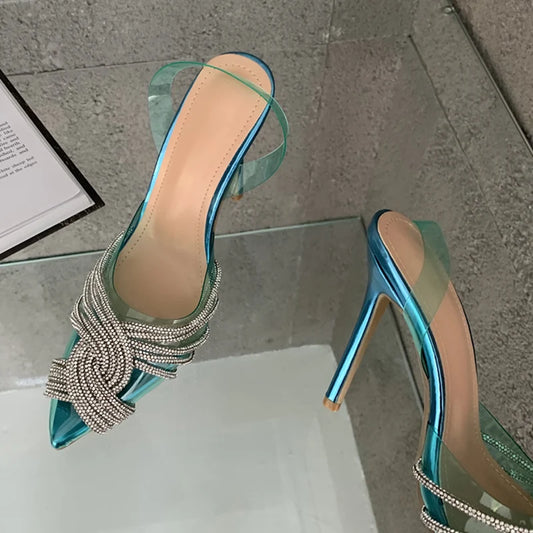 Liyke Sexy Crystal Transparent Pointed Toe Woman Pumps High Heels Slingback Sandals Stiletto Party Wedding Stripper Shoes Silver