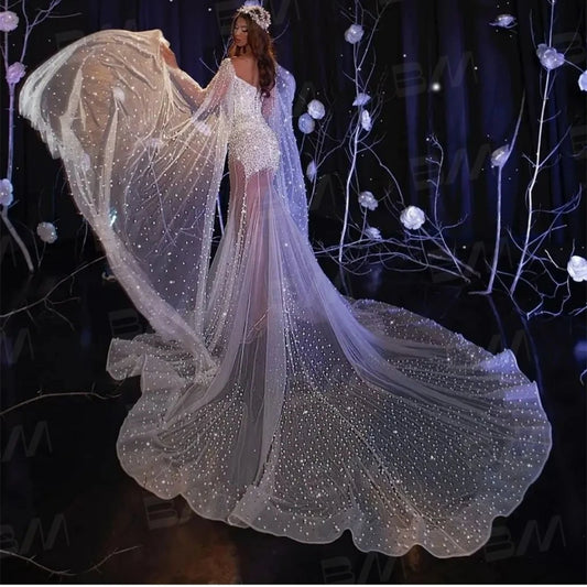 Pearls Mermaid Wedding Dress Long Cape Sleeve Deep V Neck Tulle Beaded Bride Dresses Luxury Bridal Gown For Bride Abito Da Sposa