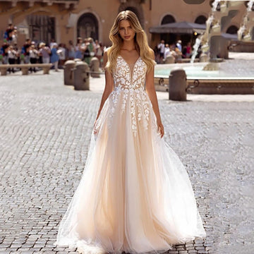 2025 Luxury A-Line Wedding Dresses Illusion Lace Appliques Tulle Elegant Bride Gown Romantic Bridal Dresses Customized