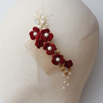 Burgundy Red Flower Head Piece Pearl Hair Comb Pin Women Brides Evening Party Dress Hairpin Bridal Jewelry Wedding Accessories