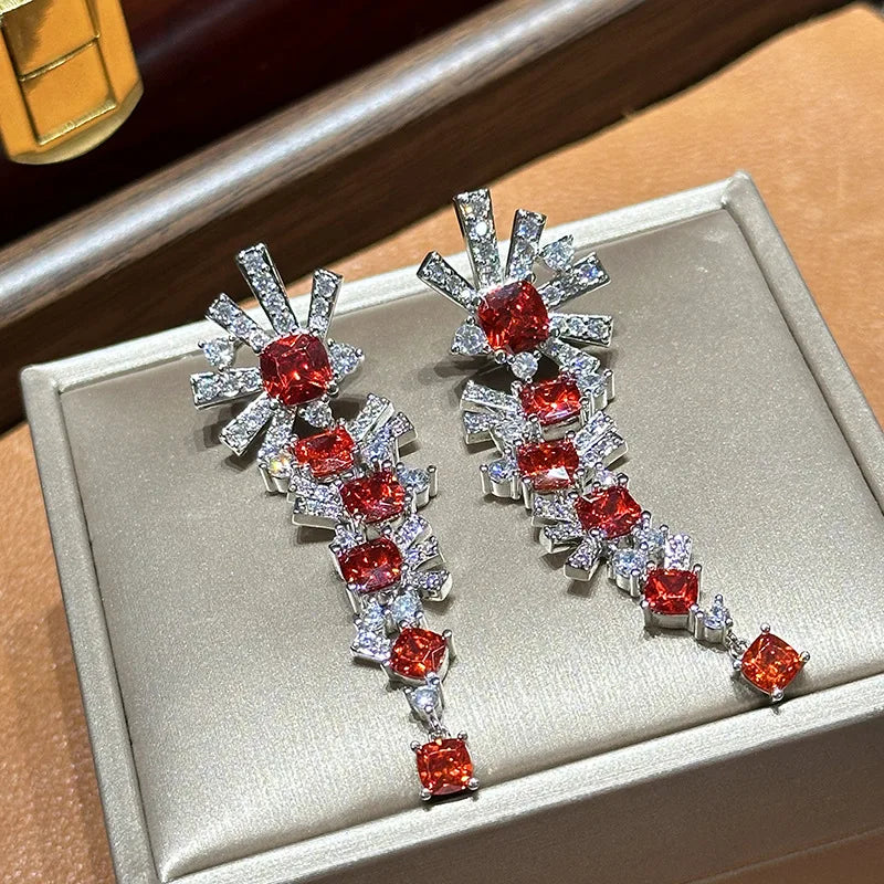 Vintage Red AAA Zircon Bridal Earrings Cubic Zirconia Wedding Earring For Women Brides Accessories Dinner Party Dress Jewelry