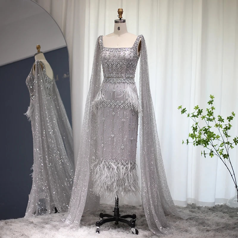 Sharon a dit des plumes de luxe Dubaï Robes formelles pour les femmes Party de mariage Bling Gray Sirène arabe robe de soirée avec Cape SS279