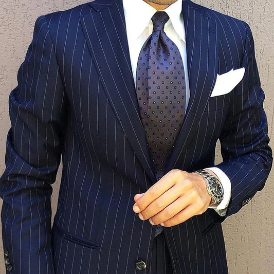 Men's Suits Blazer Stripe Navy Blue Notched Lapel Single Breasted Wedding Terno Outfits Luxury Masculino Costume Homme Slim Fit