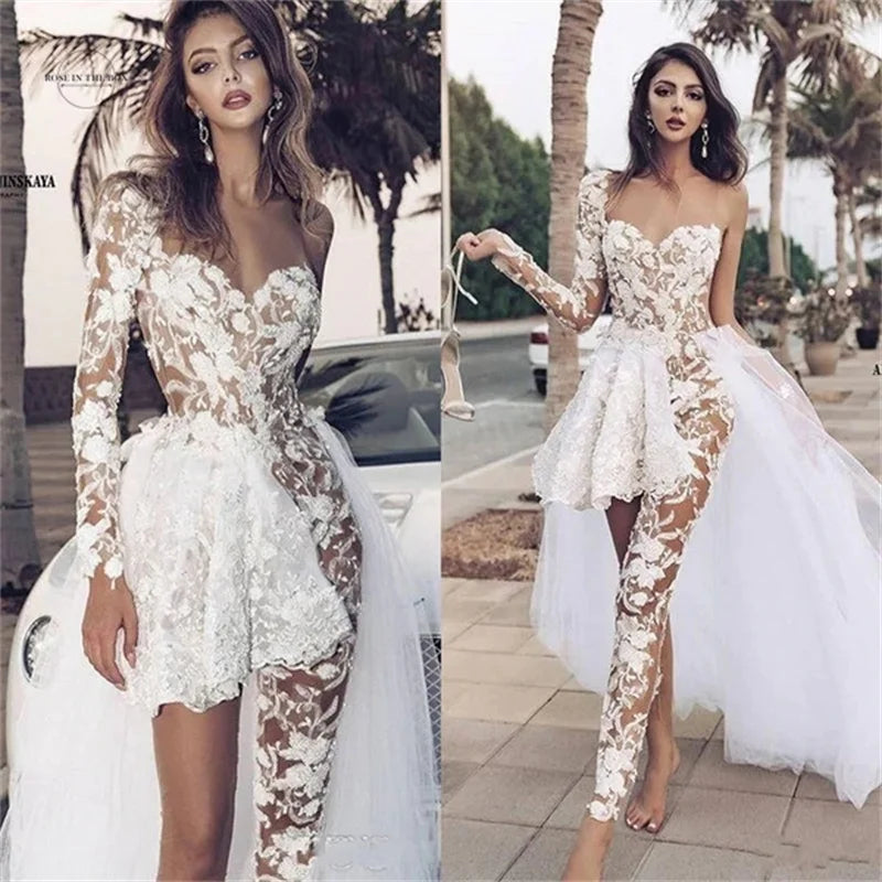 Classic Lace Jumpsuit White Wedding Dresses 2022 One Long Sleeve Sexy Asymmetric See Through Overskirt Beach Bridal Gowns