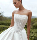 Shiny beaded sequined wedding dress 2026 detachable long sleeves strapless side slit A-line bridal gown – Pollyanna Events