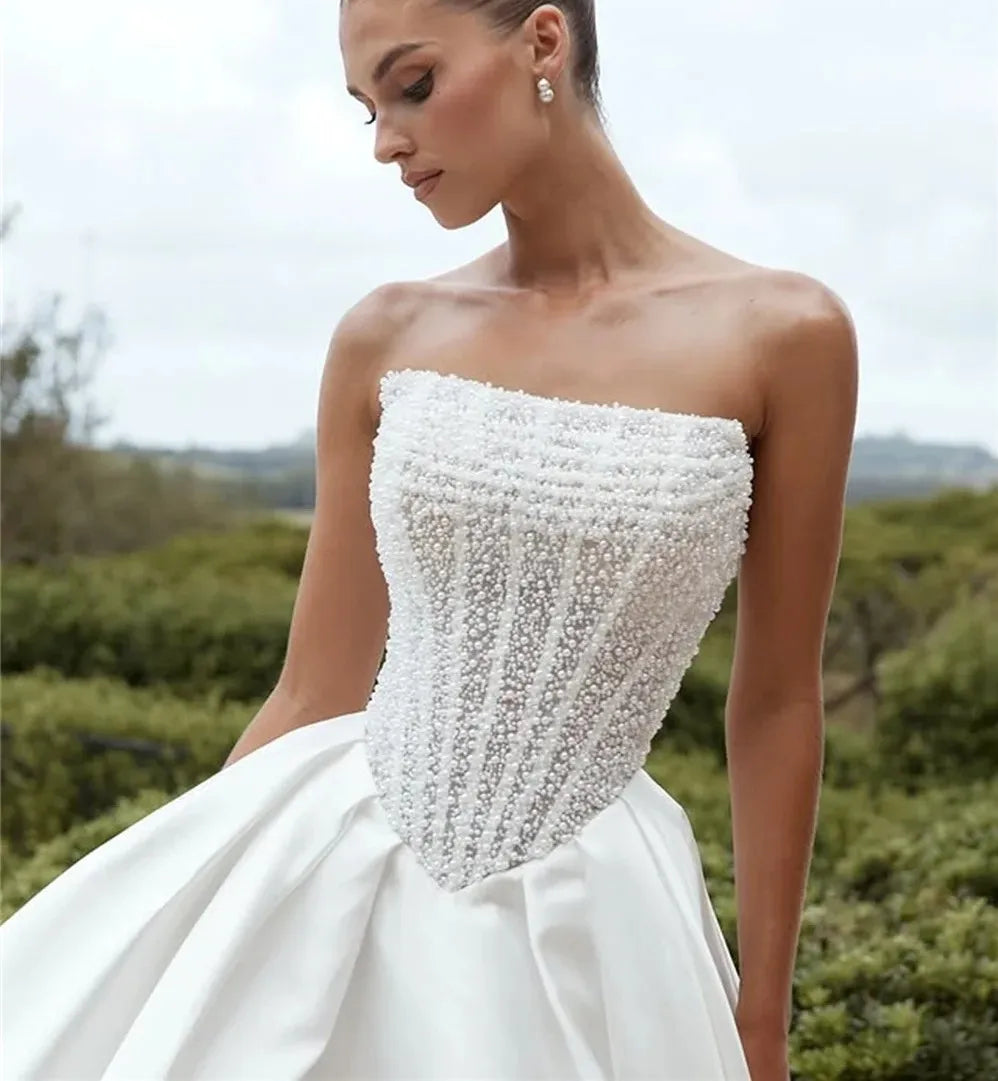 Shiny beaded sequined detachable long sleeves strapless side slit A-line bridal gown 2026 – Pollyanna Events