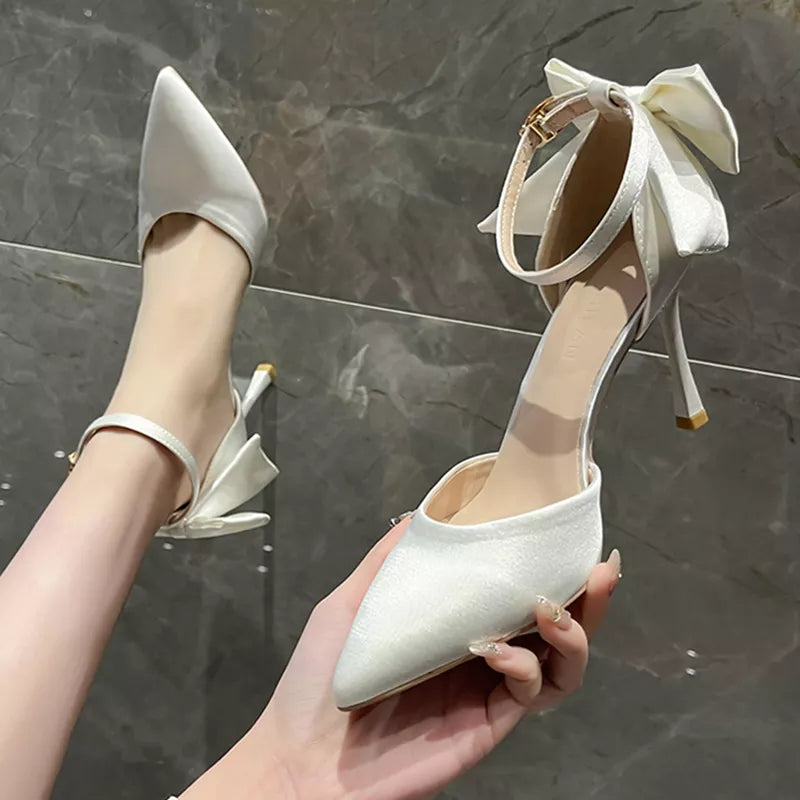 White elegant bowknot thin heels pumps women pointed toe ankle strap silk super high heels bride wedding shoes – Pollyanna Events
