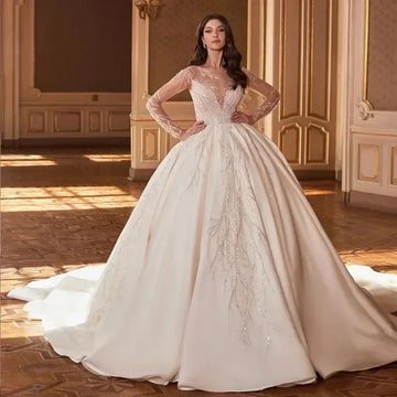 Customized Graceful Shiny Beaded Long sleeves Wedding Dresses Appliques Sheer Neck Lace Bridal Gown Ball Gown Vestido De Novia