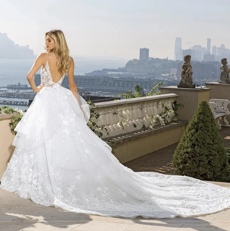 Customized Elegant Appliques Flowers Beaded Crystal Sequined Shiny Wedding Dress Vestidos Shoulder Straps Backless Sexy Gowns