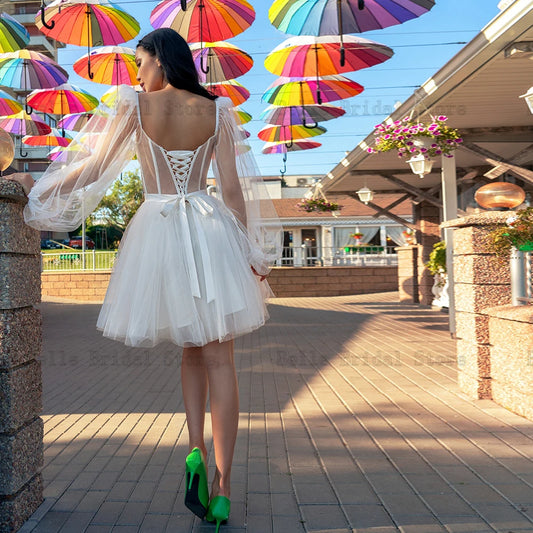 Sexy Short Wedding Dresses Sweetheart Neck Puff Sleeves Illusion Tulle Bridal Gowns Bow Above Knee Length A-line Robe De Mariee