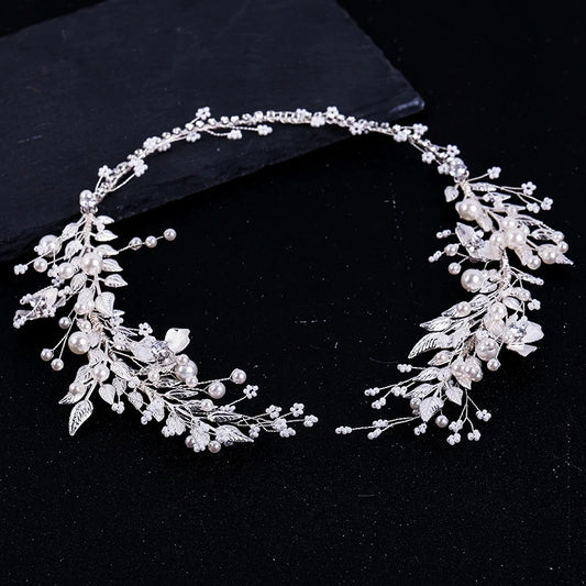 Silver Color Leaf Pearl Headband Tiara For Bridal Hair Accessories Wedding Hair Band Crystal Pearl Tiaras and Brides Headpieces