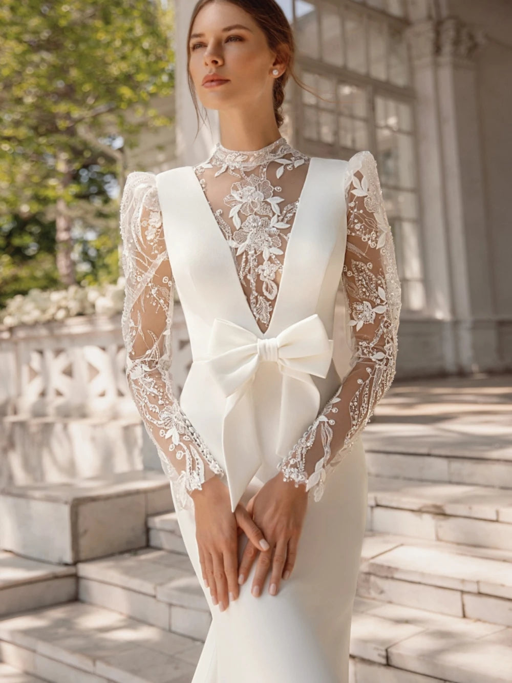 Vestido de noiva de manga longa de colarinho modesto, lantejoulas brilhantes apliques manto de noiva elegante sereia vestido de noiva Robe de mariée