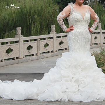 Розкішна русалка весільна сукня з довгими рукавами з бісеру плюс розміром Елегантна наречена сукня з знімною спідницею