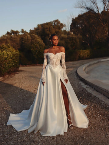 customized Satin Wedding Dress Corset Ball Gown Dresses For Bride Off Shoulder Lace Long Sleeve Elegantes Vestidos De Novia
