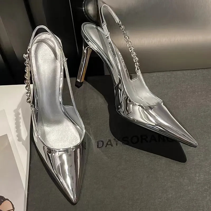 Talons hauts brillants Slingback Femmes Pumps Sandales de cristal métalliques Toe pointu Pointeto chaussures à talons