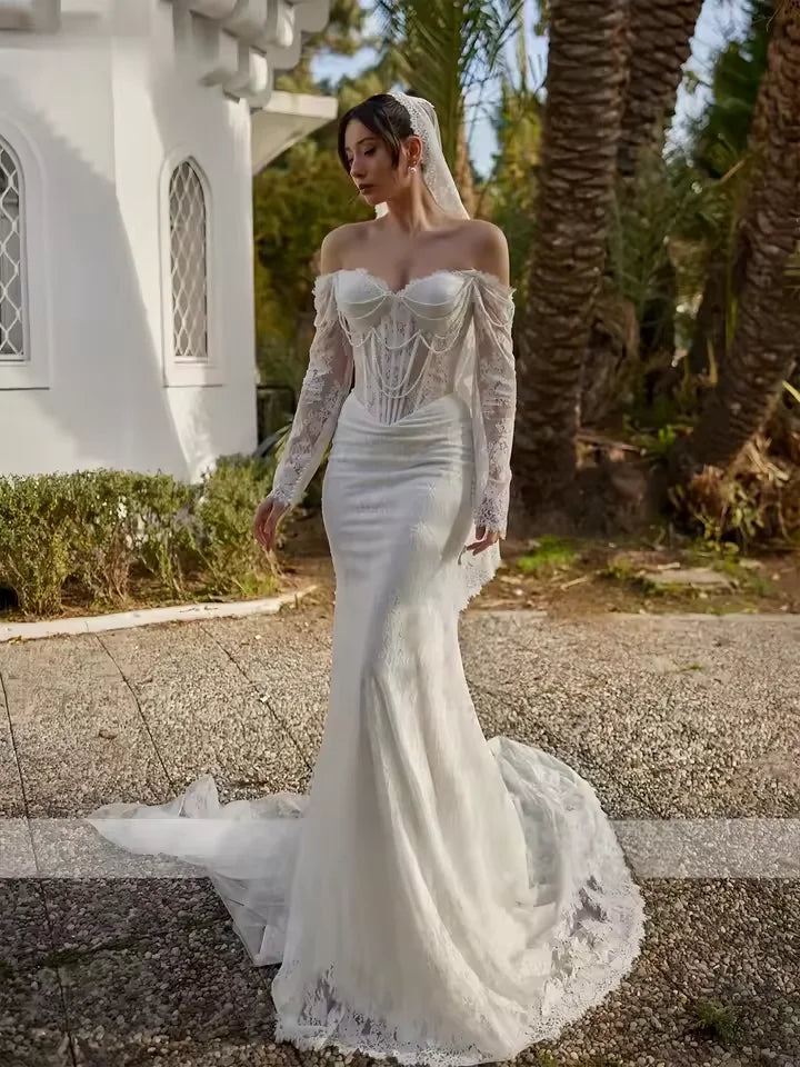 Customzied Sweetheart Neckline Long sleeved Mermaid Elegant Lace wedding Dress amanda novias Bridal Dress amanda novias official