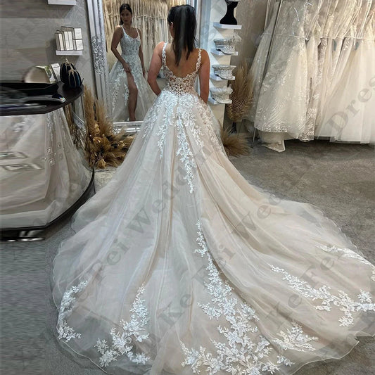 Mode kanten applique trouwjurken lieverd uit schouder mouwloze hoge gesplitste elegante donzige prinsesstijl bruidsjurken