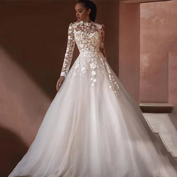 Customzied Lace Wedding Dress A Line Long Sleeve High Neck Appliques Bride Dresses Sxey Backless Vestidos De Novia