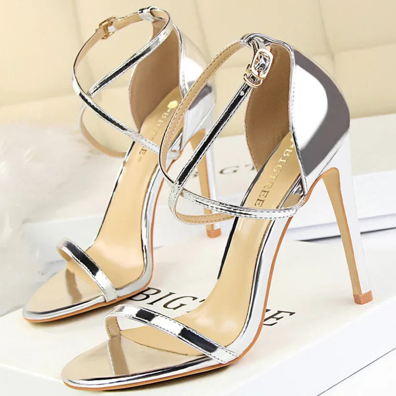 Women 8cm 11cm strap sandals gold shiny stiletto stripper heels gladiators party shoes – Pollyanna Events