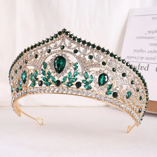 Бароко розкішні лісові кришталеві весільні коронки принцеса королева зелений страз Тіарас Корона Діадем Весільне волосся аксесуар
