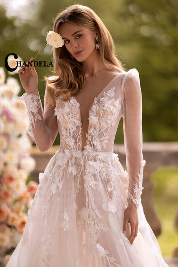 Attractive A-Line Wedding Dresses for Women V-Neck Backless Full-Sleeve 3D Appliques Pleated Court Train Robe De Mariee