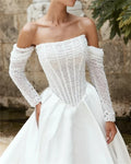 Strapless beaded sequined detachable long sleeves A-line side slit bridal gown 2026 – Pollyanna Events