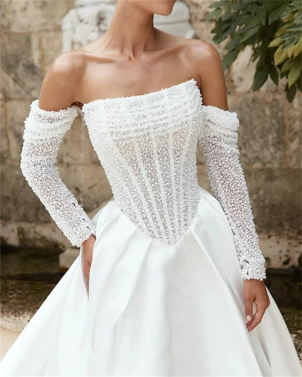 Strapless beaded sequined detachable long sleeves A-line side slit bridal gown 2026 – Pollyanna Events
