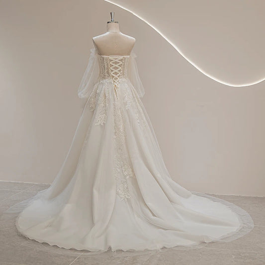 SL-9293 Suli Sweetheart Tlaline Puff Slewe Long Bride Wedding Dress Lace Apliques Beading Bohemian Bridal Vestido
