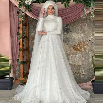 Simple Formal Wedding Dresses Woman A Line Bride Gowns Sexy Appliques Long Sleeve Tulle High Neck Customized Vestidos De Novia