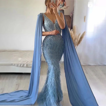 Luxury Feathers Blue Mermaid Evening Dress with Cape Sleeves Lilac Beaded Prom Dresses for Women Wedding Party SS027