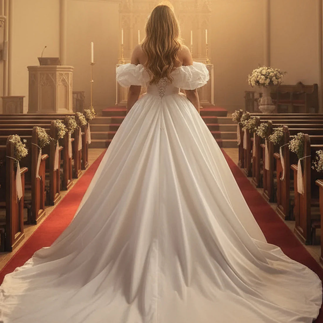 Simple Satin Long Puffy Ball Gown Wedding Dresses For Bride A Line Off Shoulder Bridal Party Gown With Train Vestidos Novia