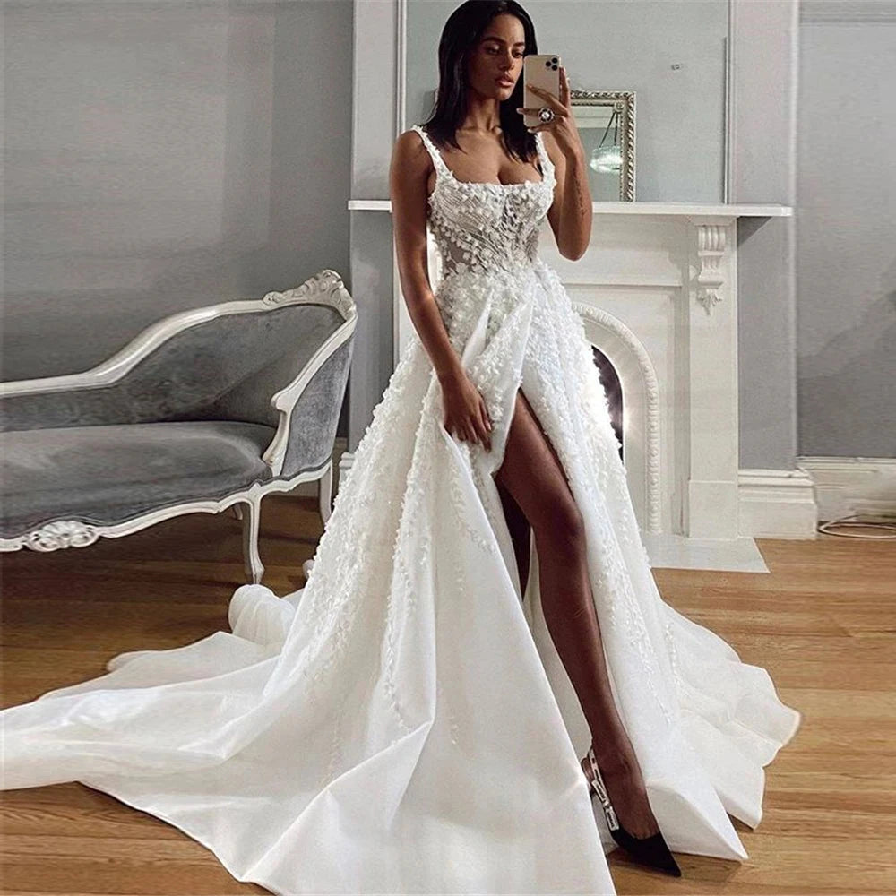 Semplice spalla senza spalla a una linea abiti da sposa spalline cinghie quadrate collare sexy abiti da sposa laterale a fessura personalizzati personalizzati