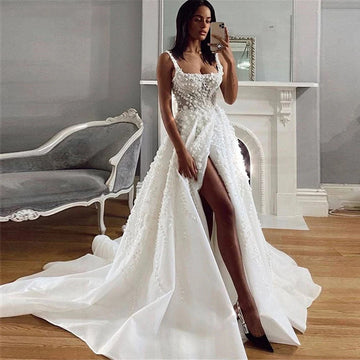 Sans manches simples sans épaule une ligne robes de mariée spaghetti cols carrés sexy coupées coutumes coutumes coutumes faites sur mesure