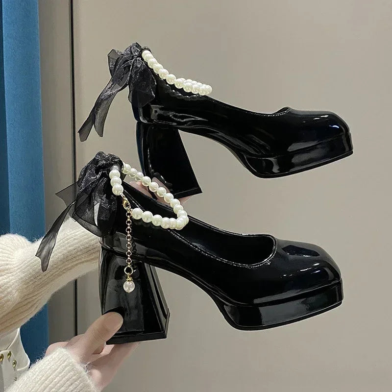 Women bow square toe pearl sandals thick heel retro party elegant bows high heels shoes – Pollyanna Events