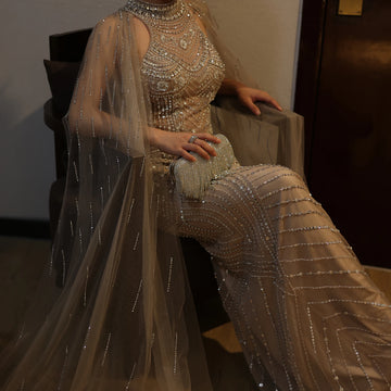 Sharon ha detto che abiti da sera di lussuoso Dubai Caramel Mermaid per donne Wedding Party Capeves Elegant High Neck Prom Dress SS230 SS230