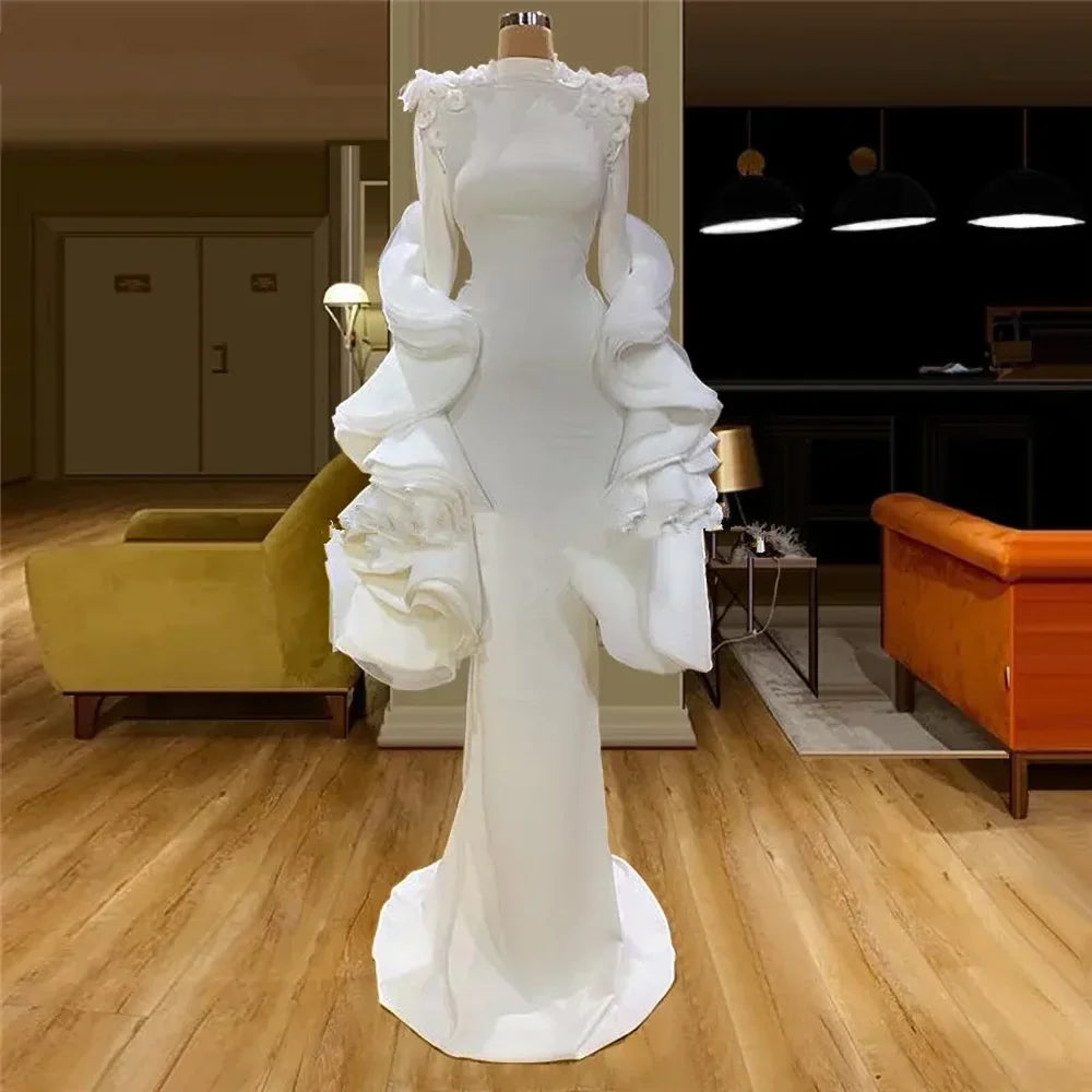 Elegant White Mermaid Prom Dresses Fashion Ruffles Appliques Dubai Evening Gowns Floor Length Formal Pageant Party Dress