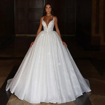 Customization Luxurious Spaghetti Strap Shiny Women's Wedding Dresses Appliques Bride Gowns A Line Princess Vestidos De Novia