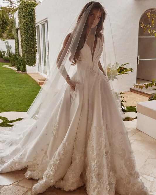 Satin Wedding Vestido Vestido de Novia Elegante 2024 Lace de lujo Noiva SOB Medida Bride Vestidos Blanco Boda Civil Robe Mariee