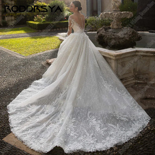 RODDRSYA Romantic V-Neck Appliques Mermaid Wedding Dress Elegant Long Sleeve Tulle Bridal Gowns New Detachable Train Bride Party