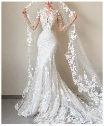 Customized Appliques Mermaid Wedding Dress Long Sleeves V-neck Backless Bridal Dresses Wedding Party Dress Vestido de novia