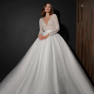 customized Sexy Deep V-neck Wedding Dress Romantic Long-sleeved Bride Gown Elegant Sequined A-Line Bride Gown Vestidos De Novia