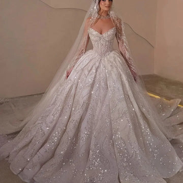 Customized Wedding Dresses Sequins Pearls Lace Bridal Ball Gowns Strapless Sleeveless Princess Bride Dress Vestidos De Novia
